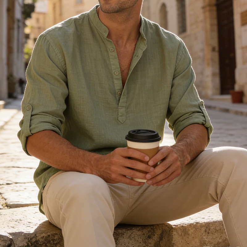 Men's Linen Cotton Blend Long Sleeve Stand Collar Shirt – Strand