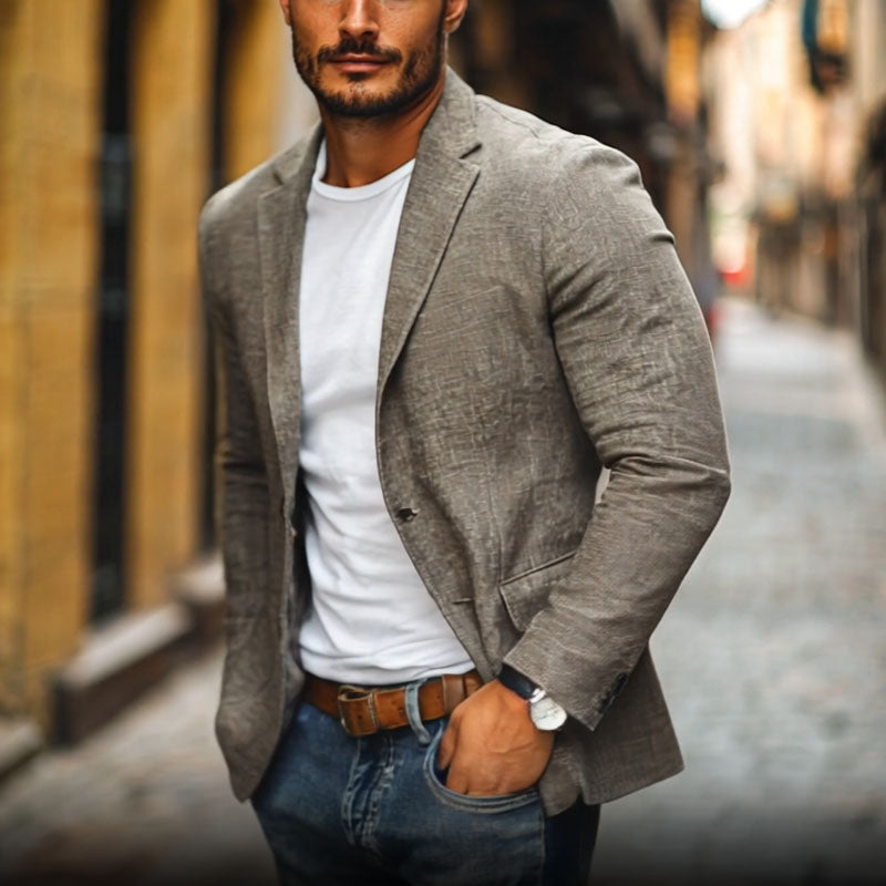 Single-Breasted Cotton Linen Blazer Slim Fit Notch Lapel – Vesro