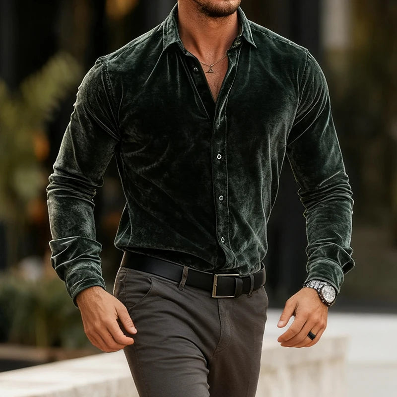 Velvet Button-Up Shirt Tailored Silhouette Smooth Lining – Vallo
