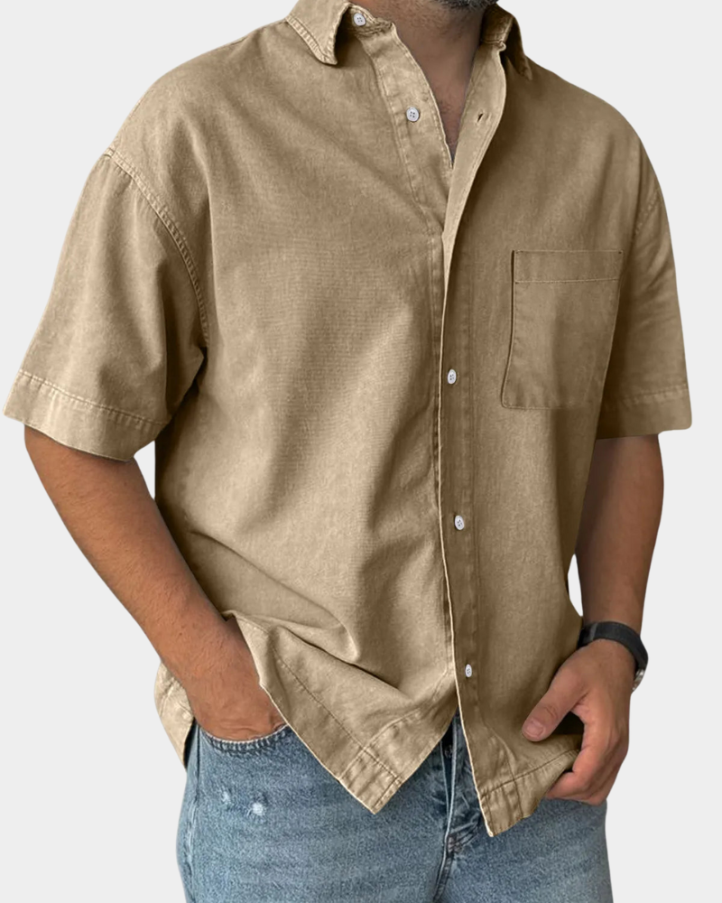 Short Sleeve Button-Up Leisure Shirt in Army Green – Cord
