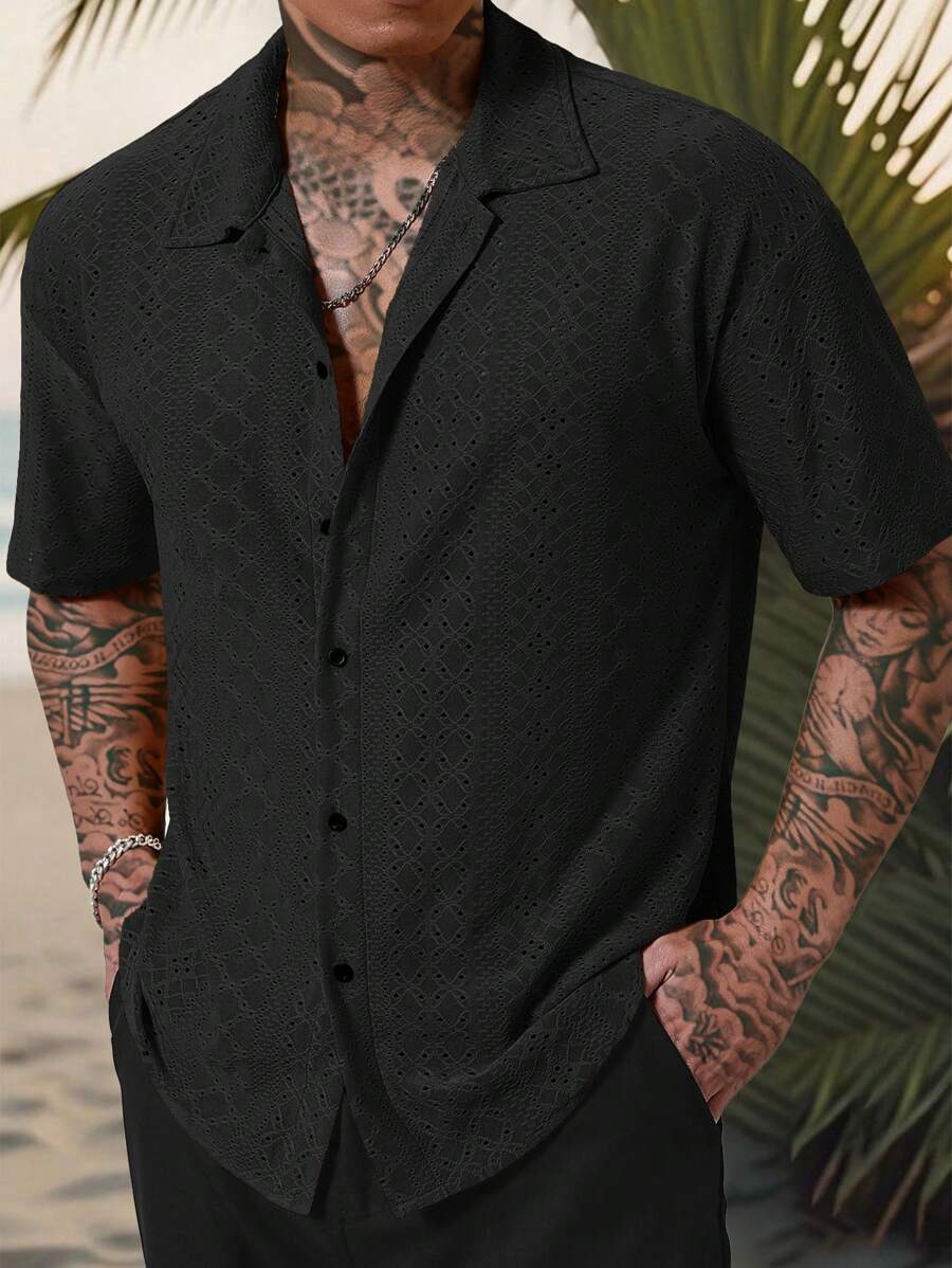 Mens Short Sleeve Crochet Shirt Jacquard Stripe Loose Fit – Darco