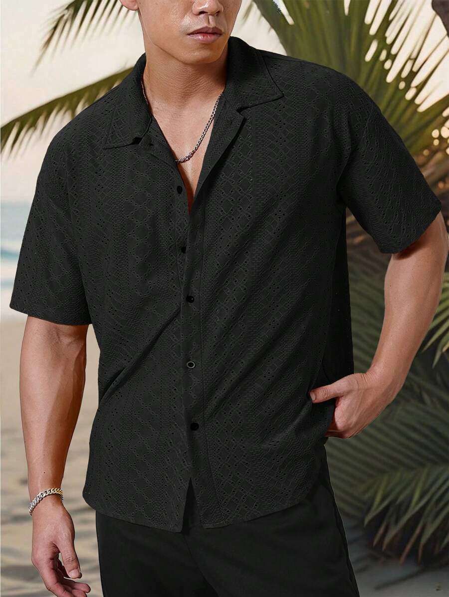 Mens Short Sleeve Crochet Shirt Jacquard Stripe Loose Fit – Darco
