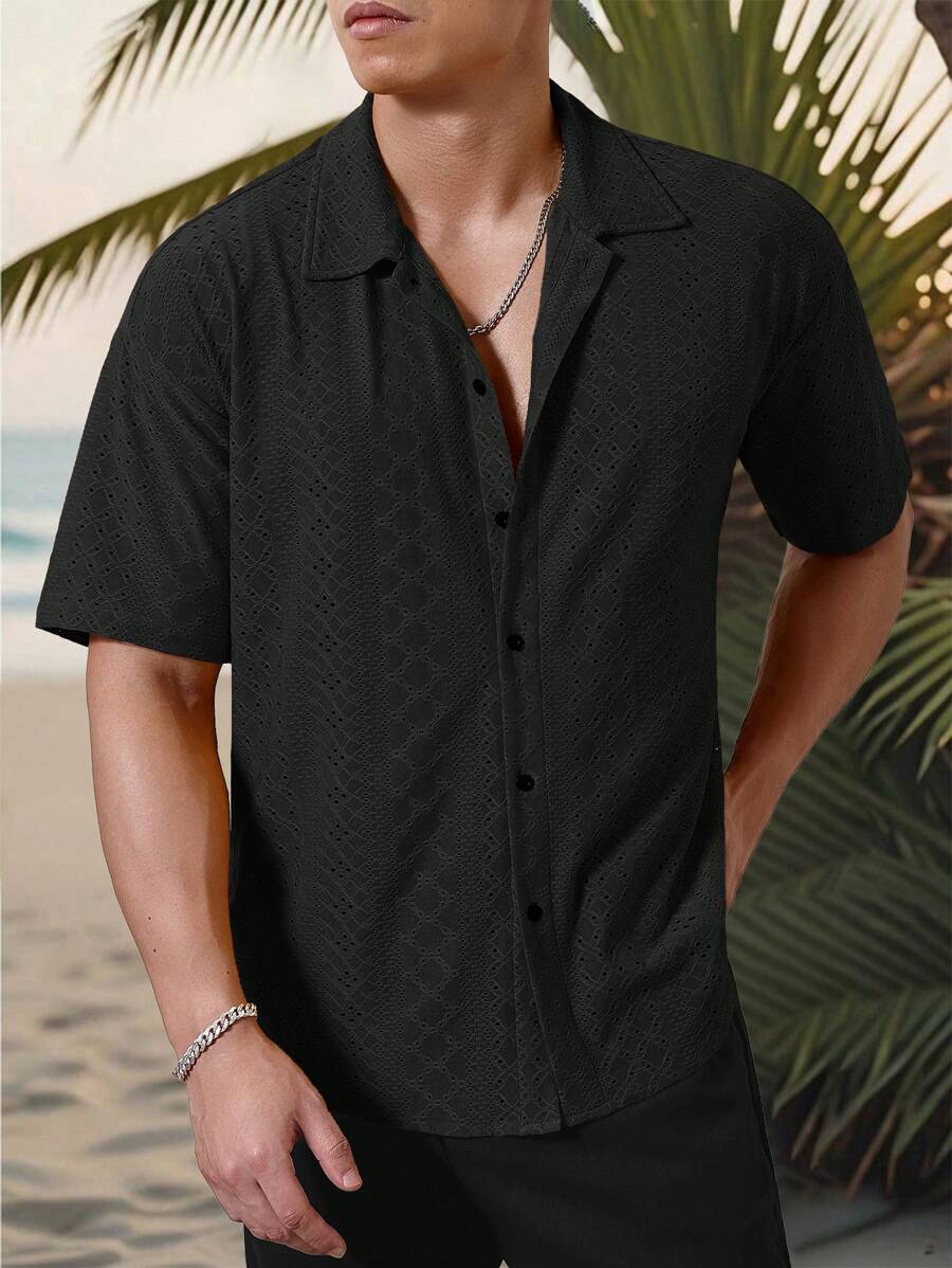 Mens Short Sleeve Crochet Shirt Jacquard Stripe Loose Fit – Darco