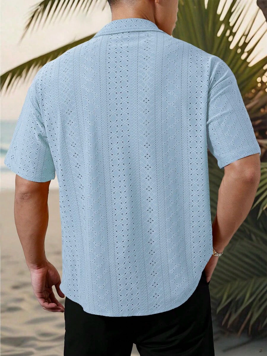 Mens Short Sleeve Crochet Shirt Jacquard Stripe Loose Fit – Darco