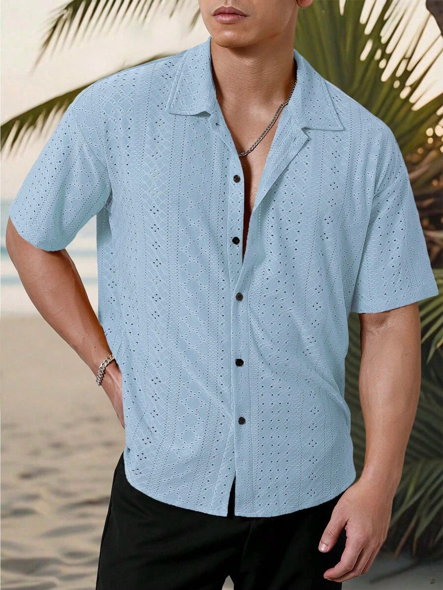 Mens Short Sleeve Crochet Shirt Jacquard Stripe Loose Fit – Darco