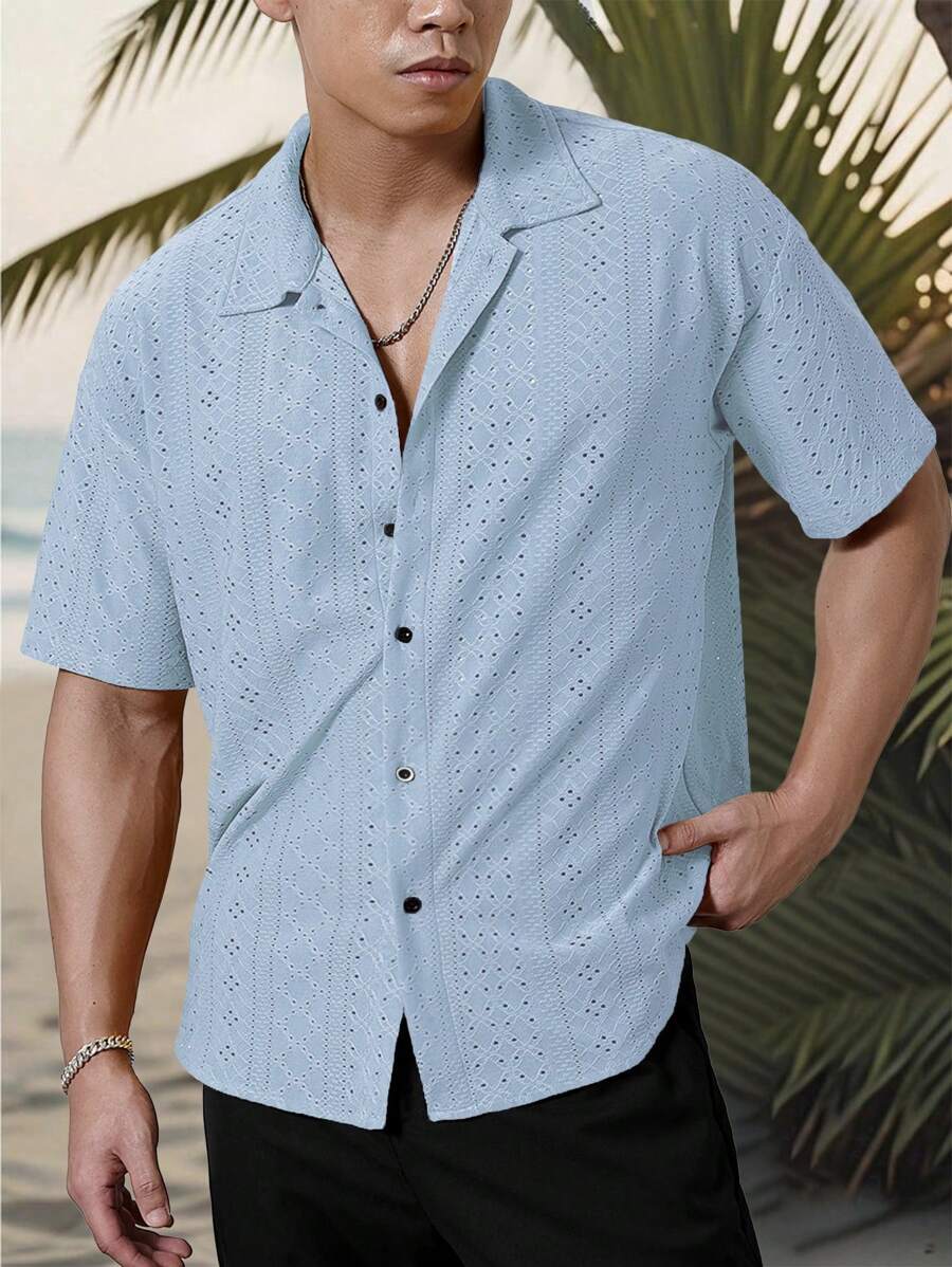 Mens Short Sleeve Crochet Shirt Jacquard Stripe Loose Fit – Darco