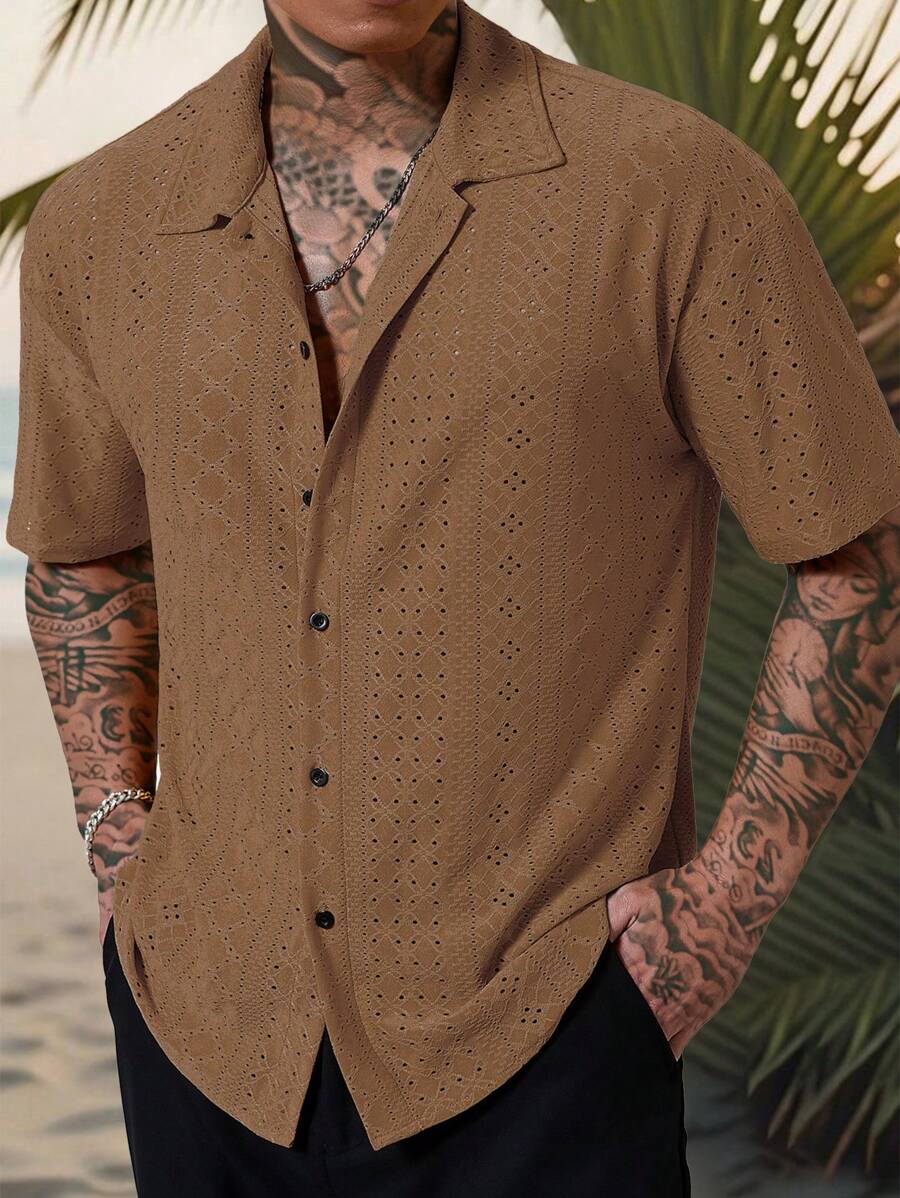 Mens Short Sleeve Crochet Shirt Jacquard Stripe Loose Fit – Darco