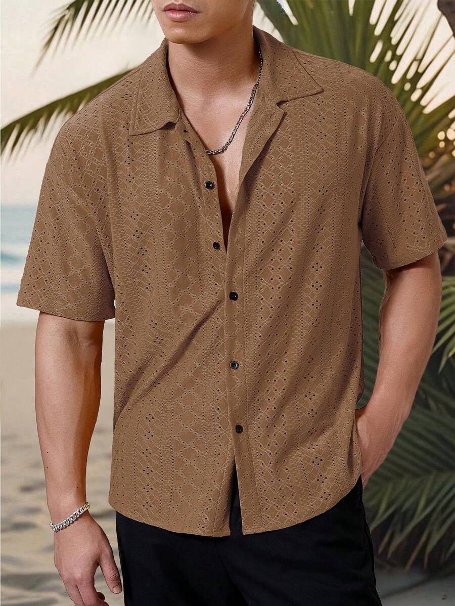 Mens Short Sleeve Crochet Shirt Jacquard Stripe Loose Fit – Darco