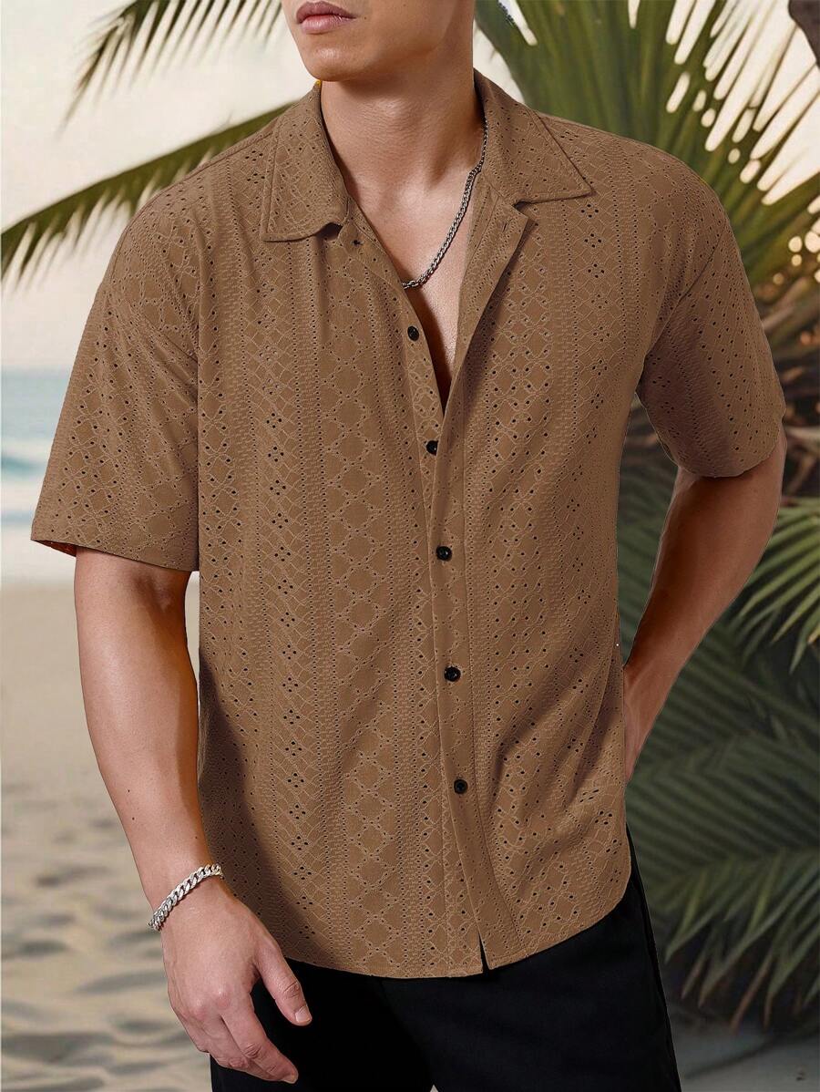 Mens Short Sleeve Crochet Shirt Jacquard Stripe Loose Fit – Darco