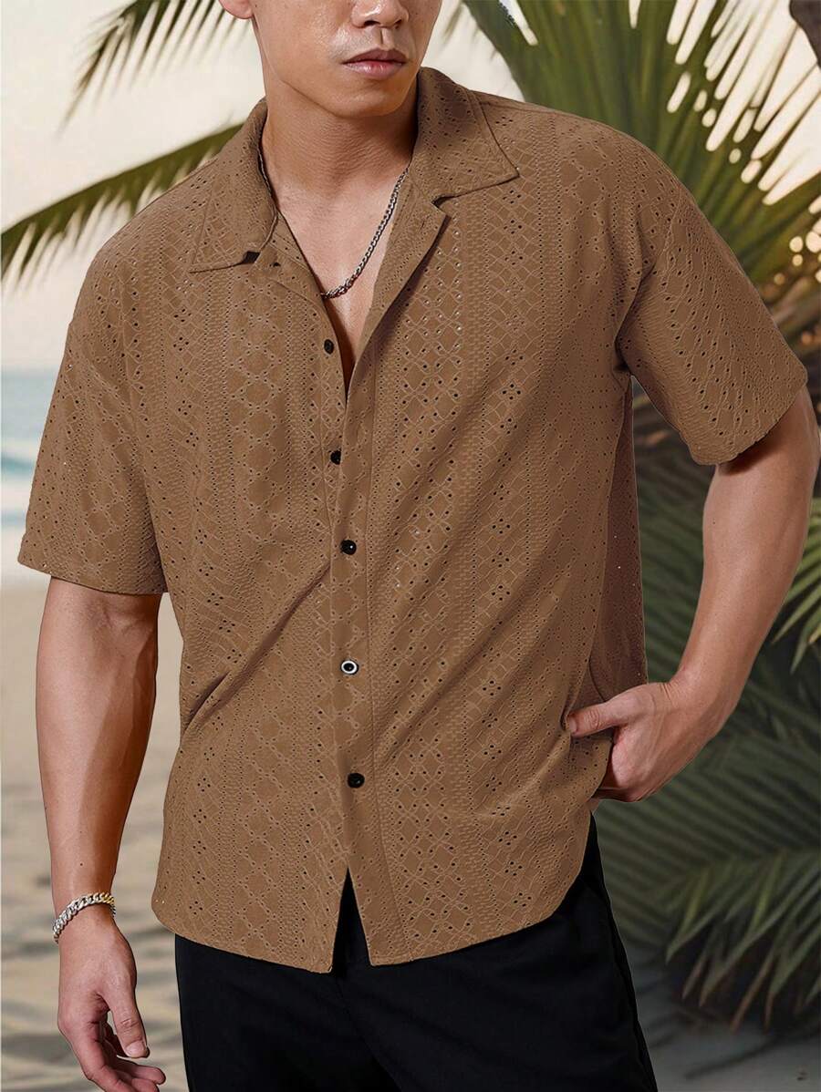 Mens Short Sleeve Crochet Shirt Jacquard Stripe Loose Fit – Darco