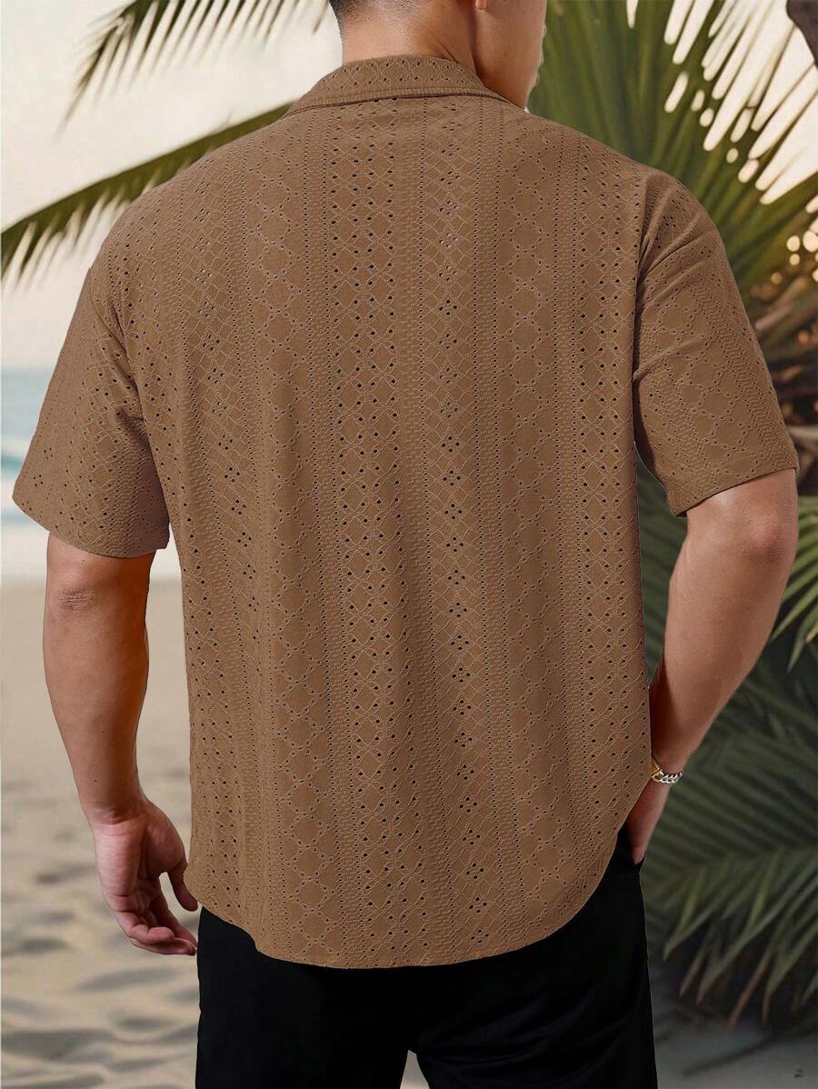 Mens Short Sleeve Crochet Shirt Jacquard Stripe Loose Fit – Darco