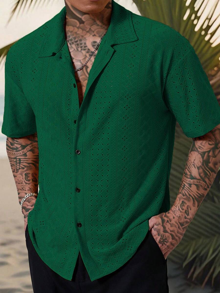 Mens Short Sleeve Crochet Shirt Jacquard Stripe Loose Fit – Darco