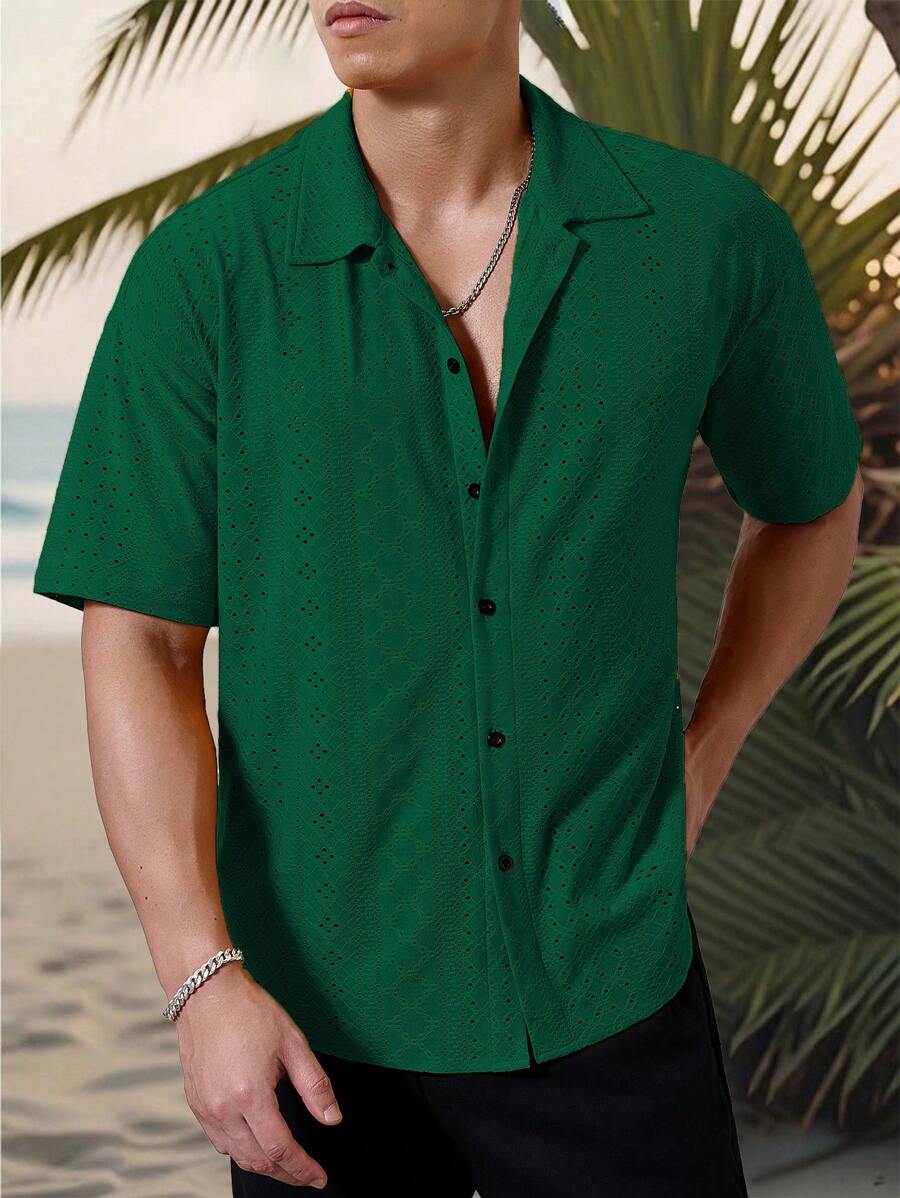 Mens Short Sleeve Crochet Shirt Jacquard Stripe Loose Fit – Darco