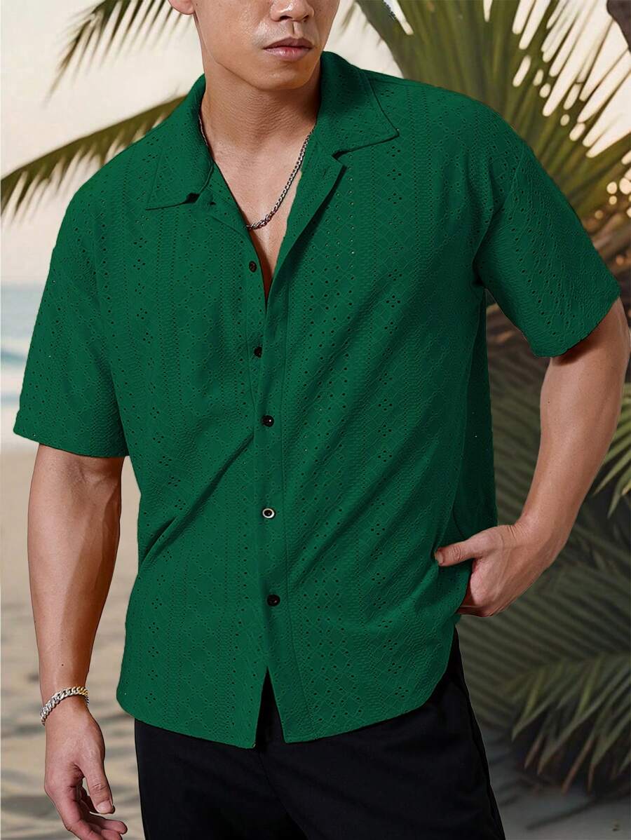 Mens Short Sleeve Crochet Shirt Jacquard Stripe Loose Fit – Darco