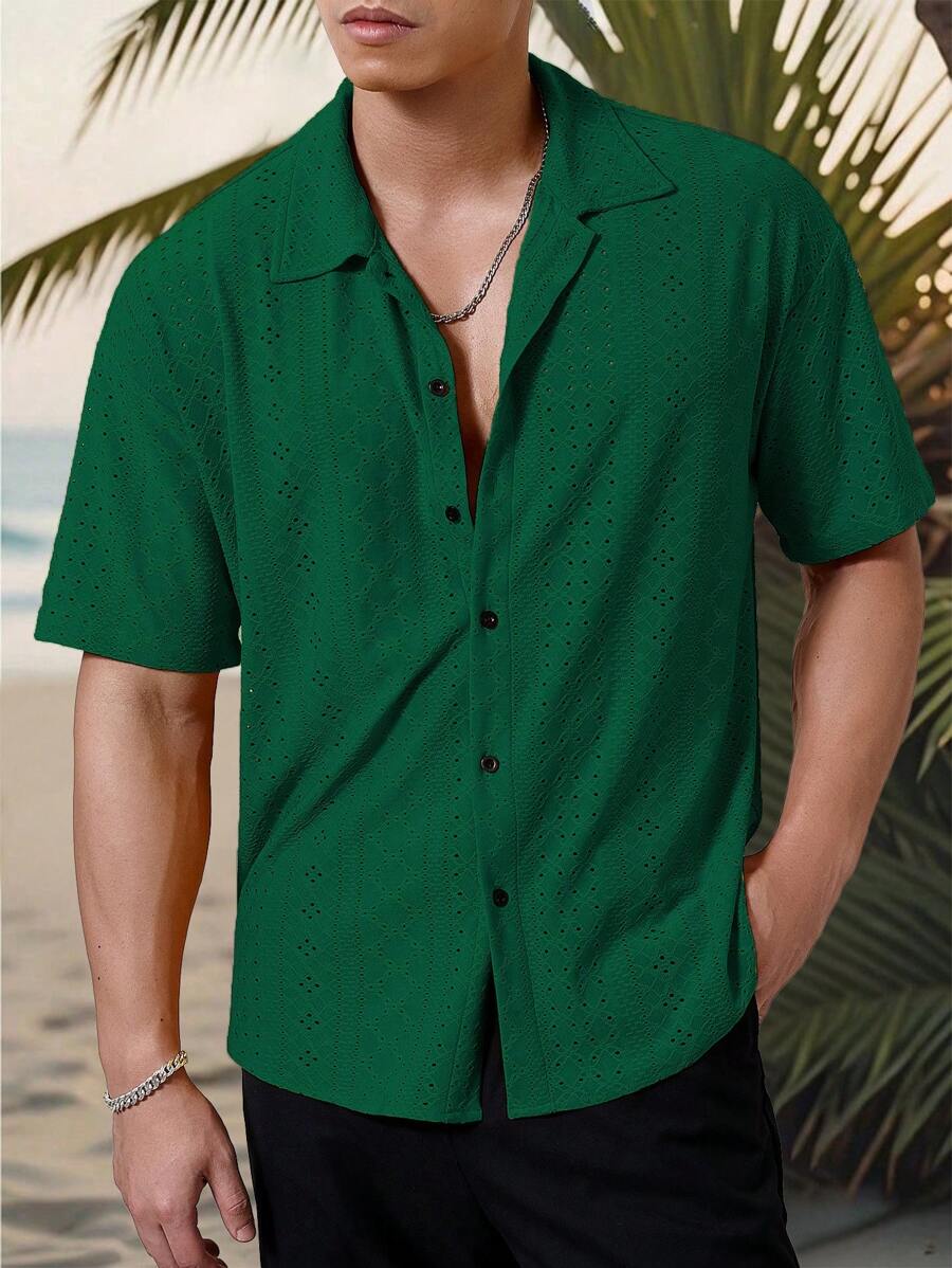 Mens Short Sleeve Crochet Shirt Jacquard Stripe Loose Fit – Darco