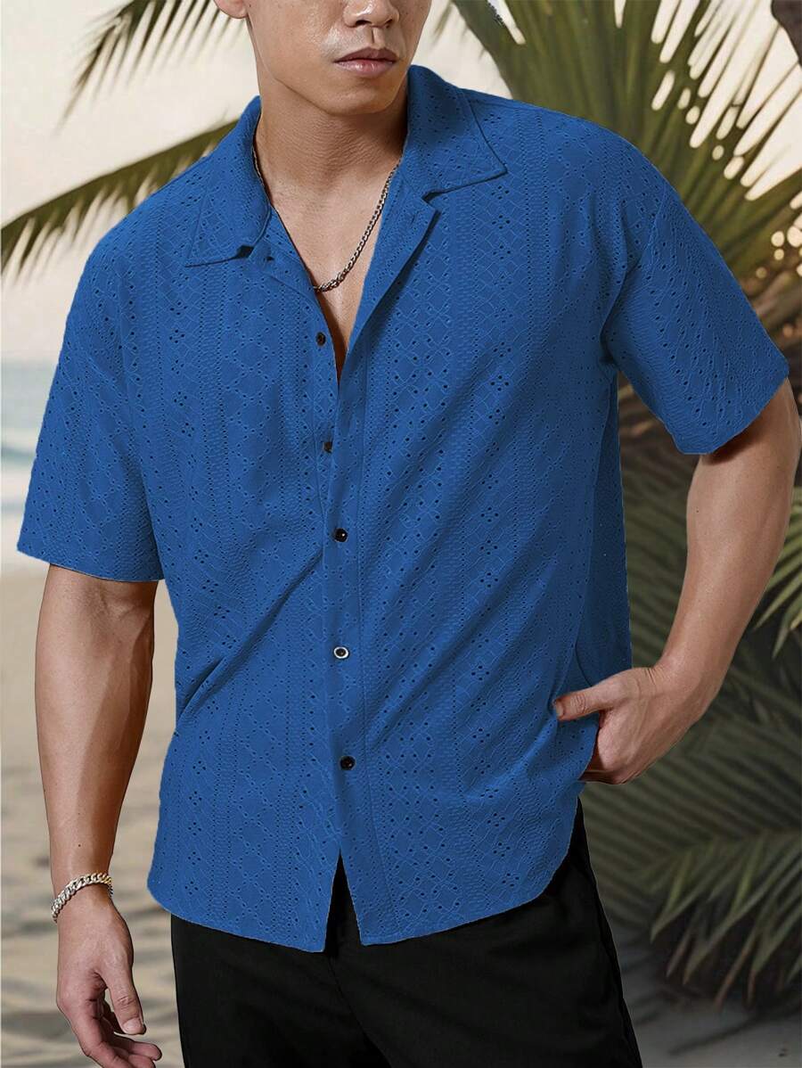 Mens Short Sleeve Crochet Shirt Jacquard Stripe Loose Fit – Darco