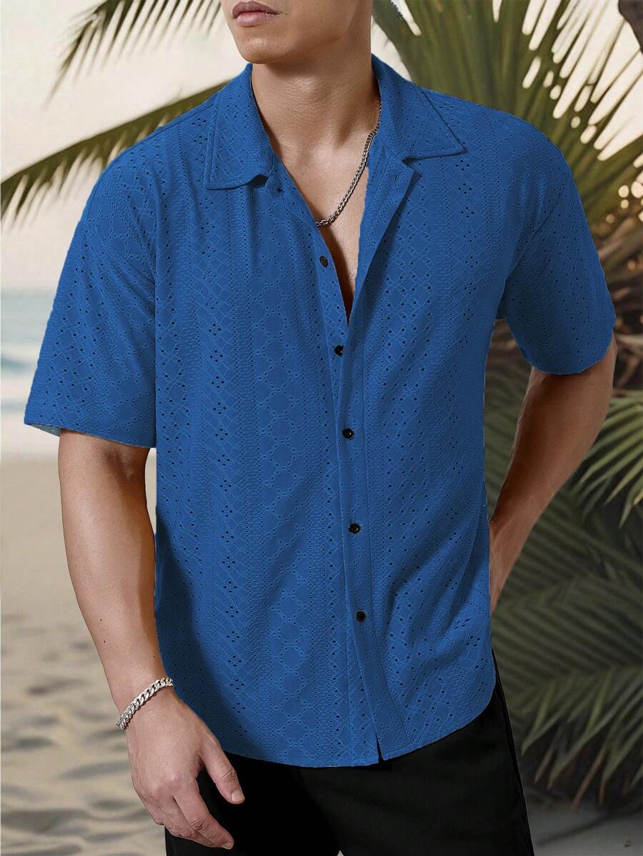 Mens Short Sleeve Crochet Shirt Jacquard Stripe Loose Fit – Darco