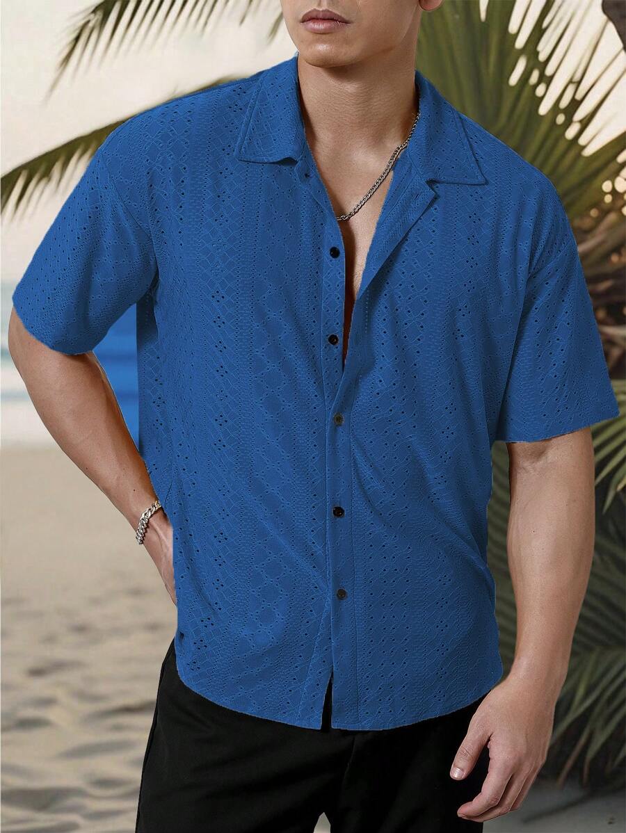 Mens Short Sleeve Crochet Shirt Jacquard Stripe Loose Fit – Darco