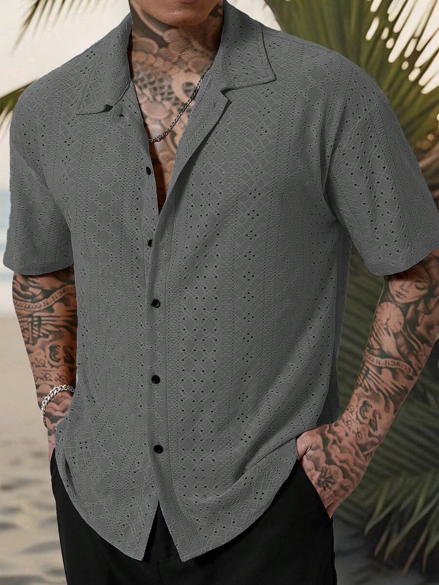 Mens Short Sleeve Crochet Shirt Jacquard Stripe Loose Fit – Darco