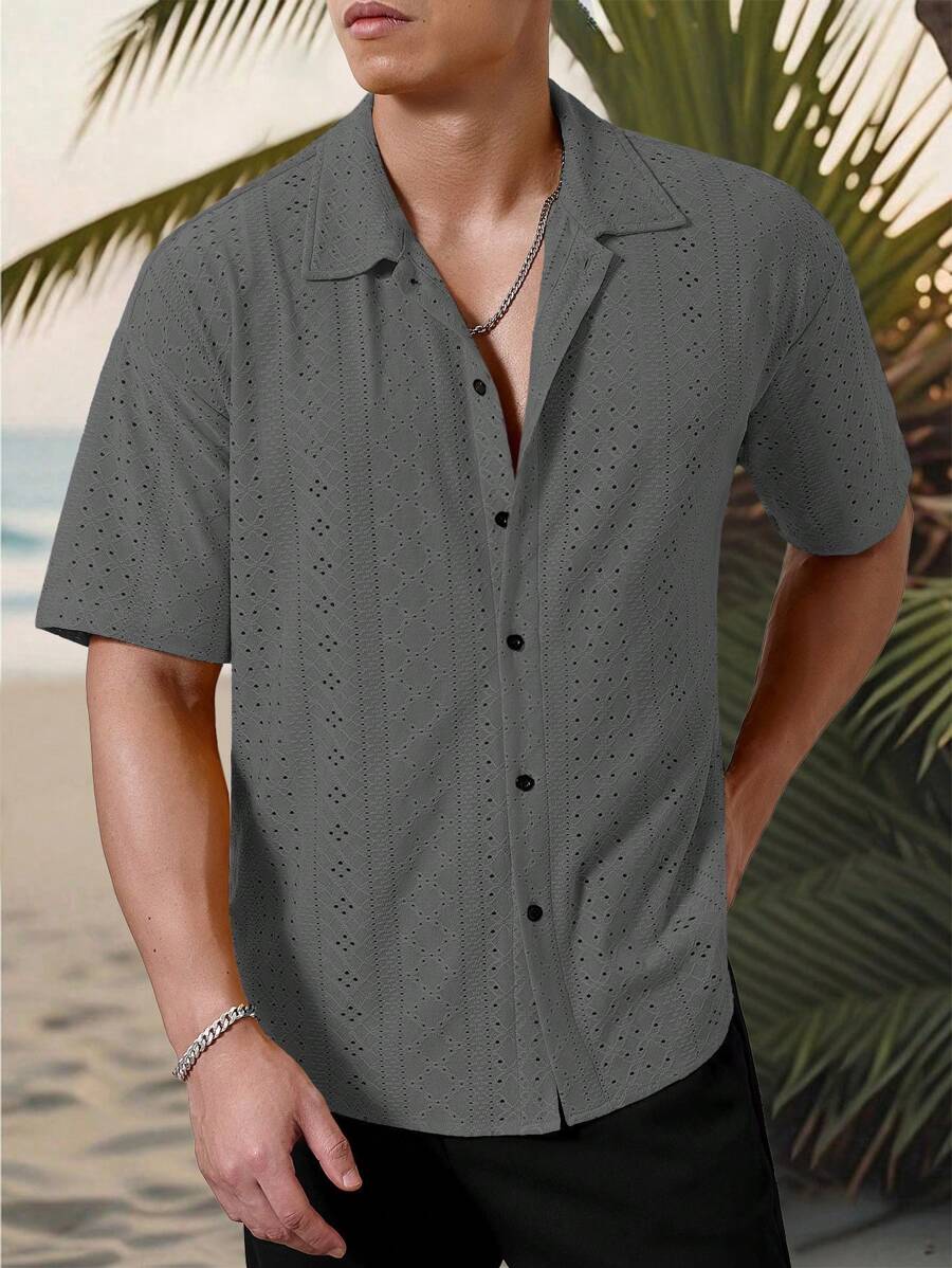 Mens Short Sleeve Crochet Shirt Jacquard Stripe Loose Fit – Darco