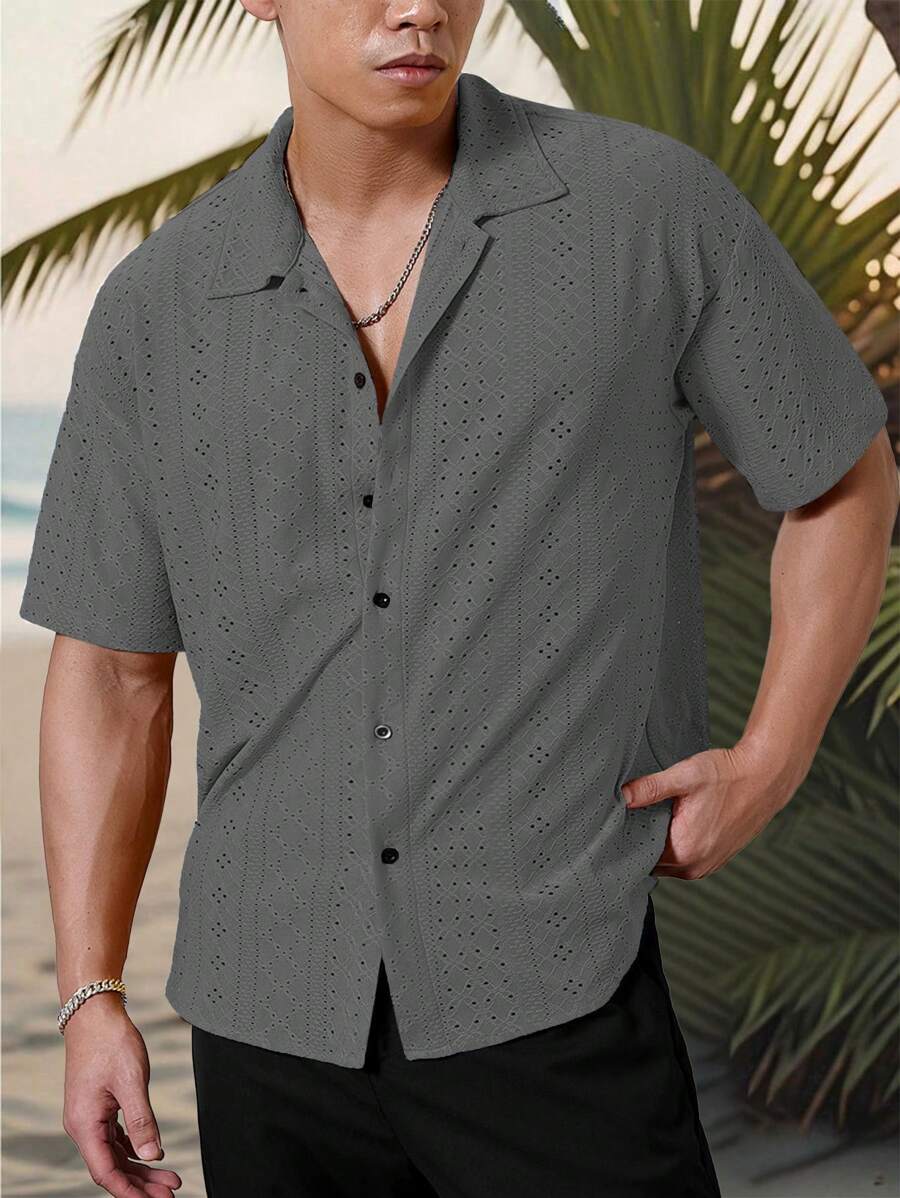 Mens Short Sleeve Crochet Shirt Jacquard Stripe Loose Fit – Darco