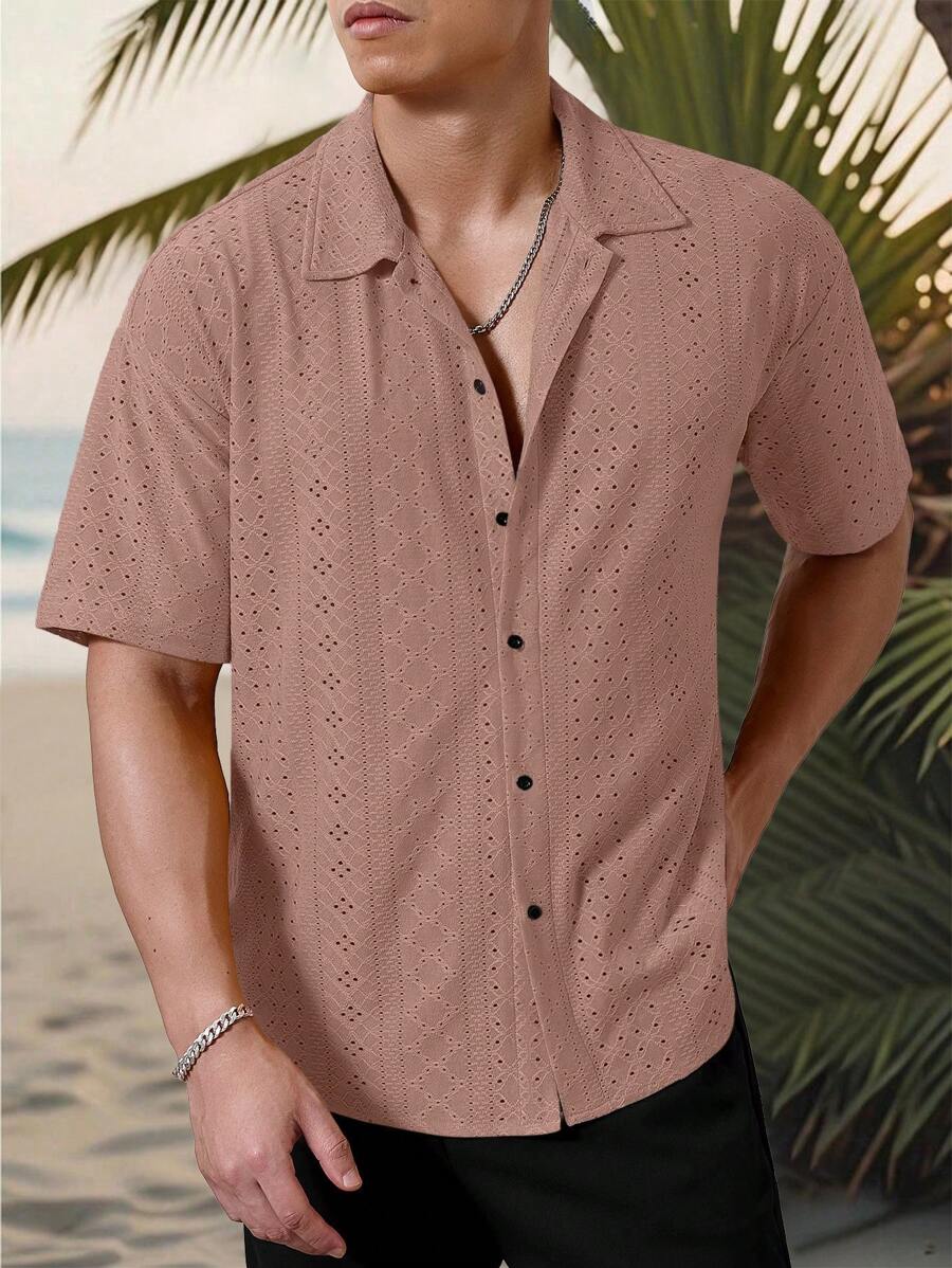 Mens Short Sleeve Crochet Shirt Jacquard Stripe Loose Fit – Darco