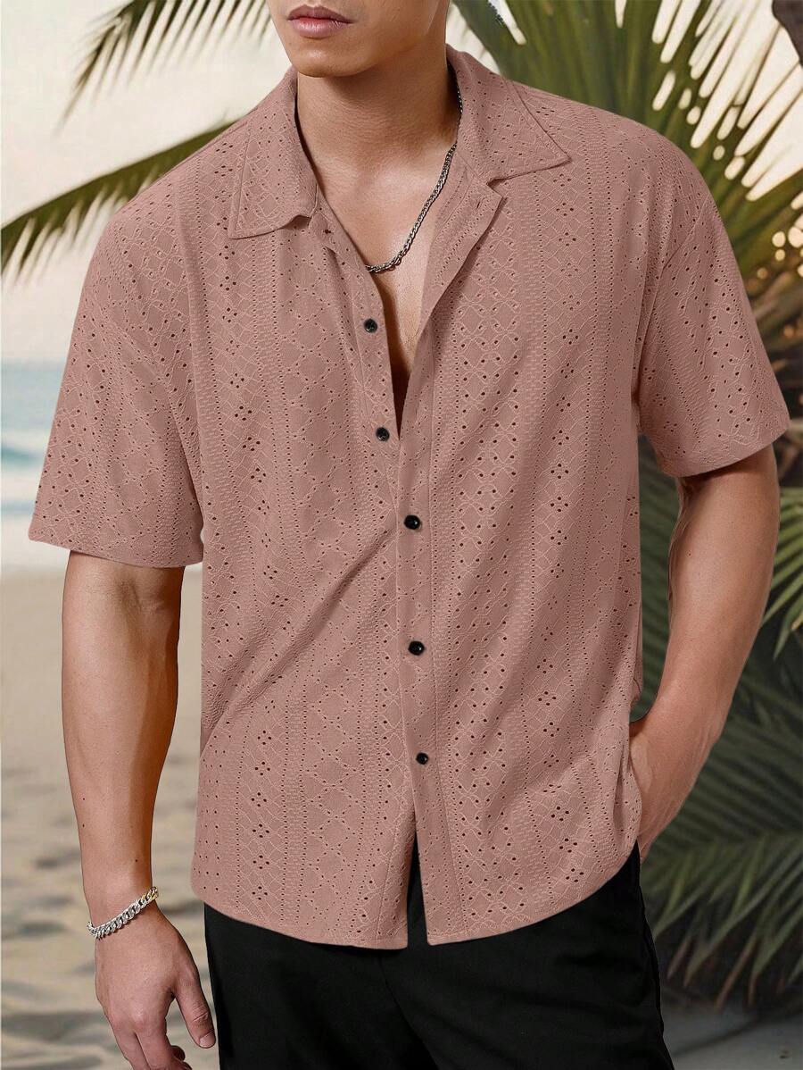 Mens Short Sleeve Crochet Shirt Jacquard Stripe Loose Fit – Darco