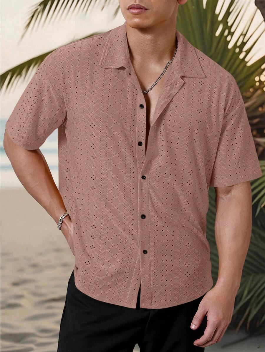 Mens Short Sleeve Crochet Shirt Jacquard Stripe Loose Fit – Darco