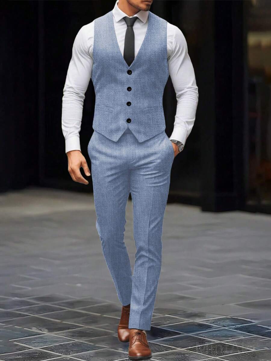 Mens Pant and Vest Set Woven Polyester V-Neck Sleeveless 2-Piece Formal – Galso