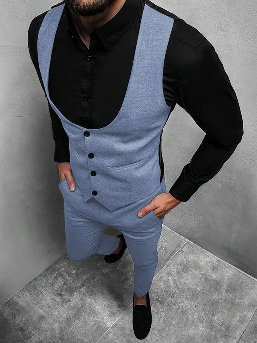 Mens Pant and Vest Set Woven Polyester V-Neck Sleeveless 2-Piece Formal – Galso