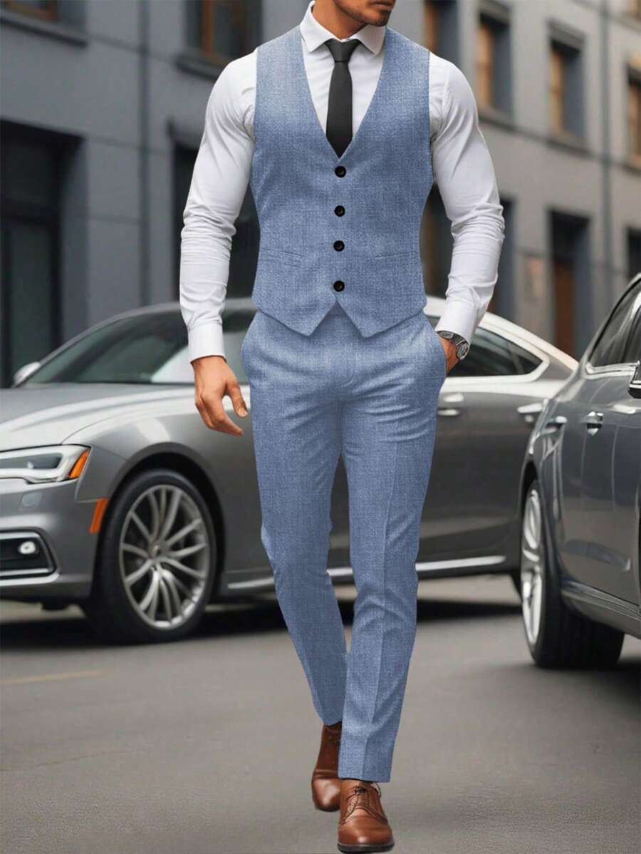 Mens Pant and Vest Set Woven Polyester V-Neck Sleeveless 2-Piece Formal – Galso