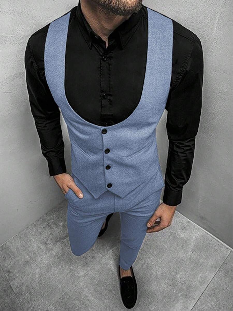 Mens Pant and Vest Set Woven Polyester V-Neck Sleeveless 2-Piece Formal – Galso