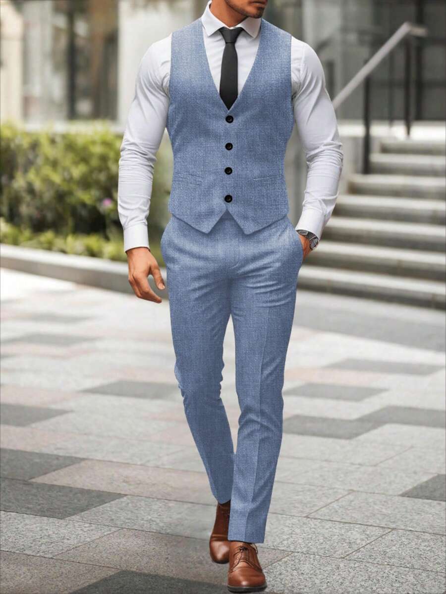 Mens Pant and Vest Set Woven Polyester V-Neck Sleeveless 2-Piece Formal – Galso