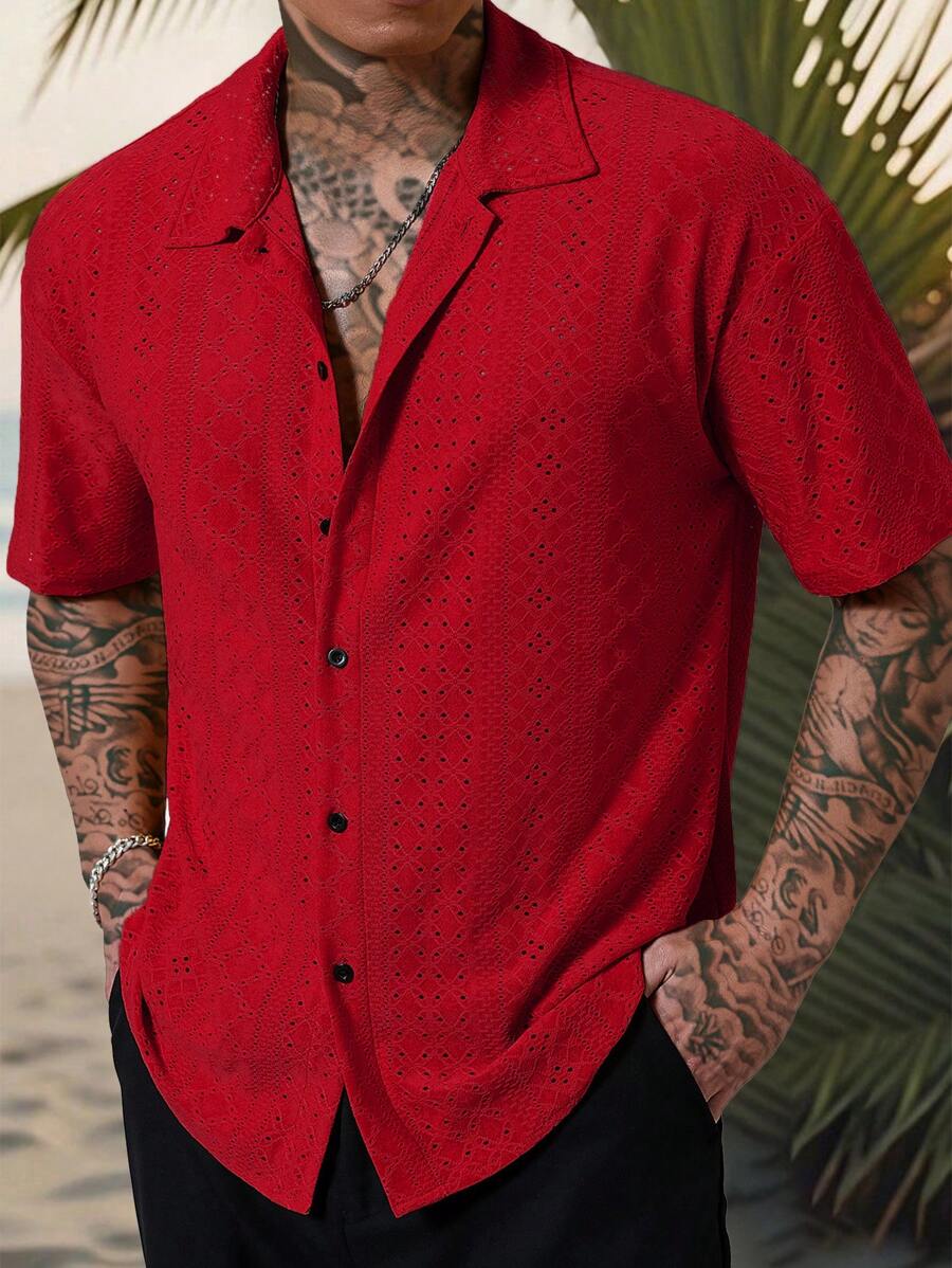 Mens Short Sleeve Crochet Shirt Jacquard Stripe Loose Fit – Darco