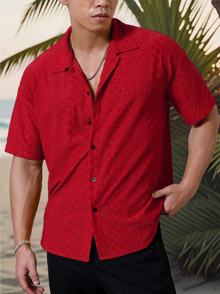 Mens Short Sleeve Crochet Shirt Jacquard Stripe Loose Fit – Darco