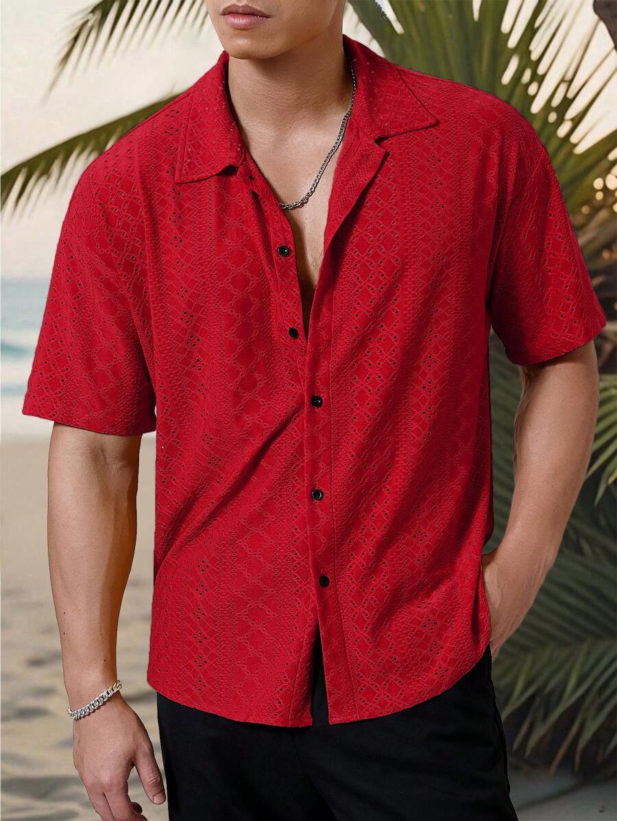 Mens Short Sleeve Crochet Shirt Jacquard Stripe Loose Fit – Darco