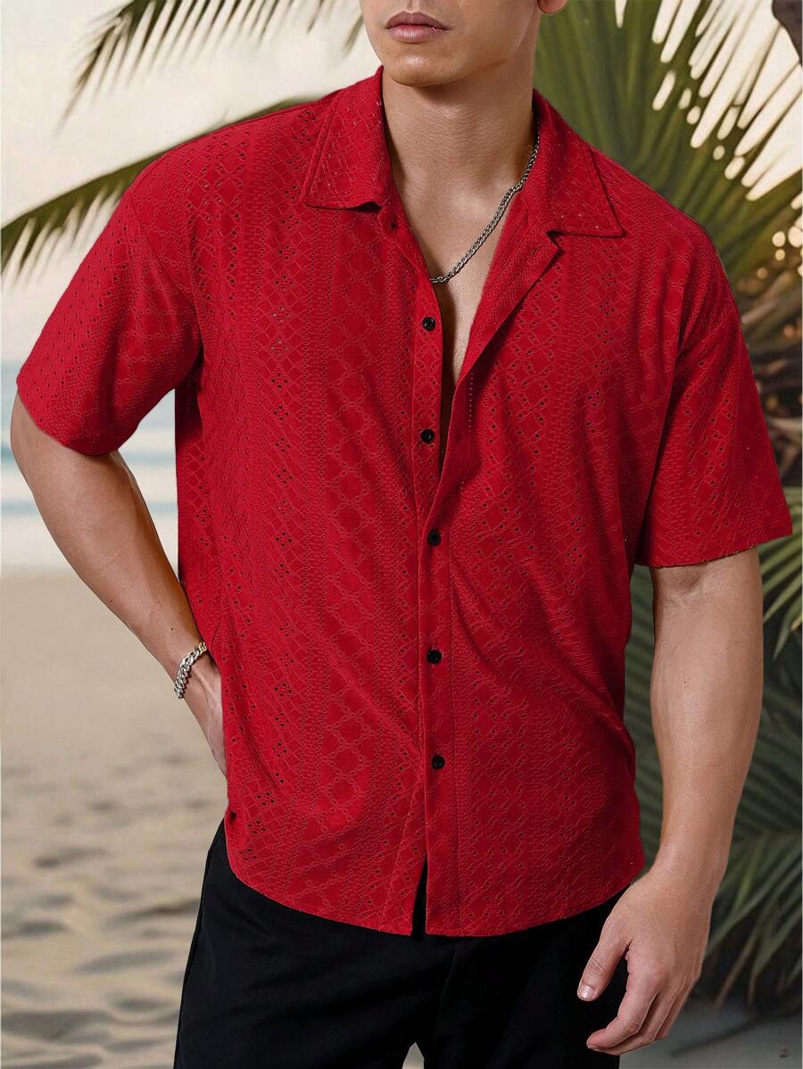 Mens Short Sleeve Crochet Shirt Jacquard Stripe Loose Fit – Darco