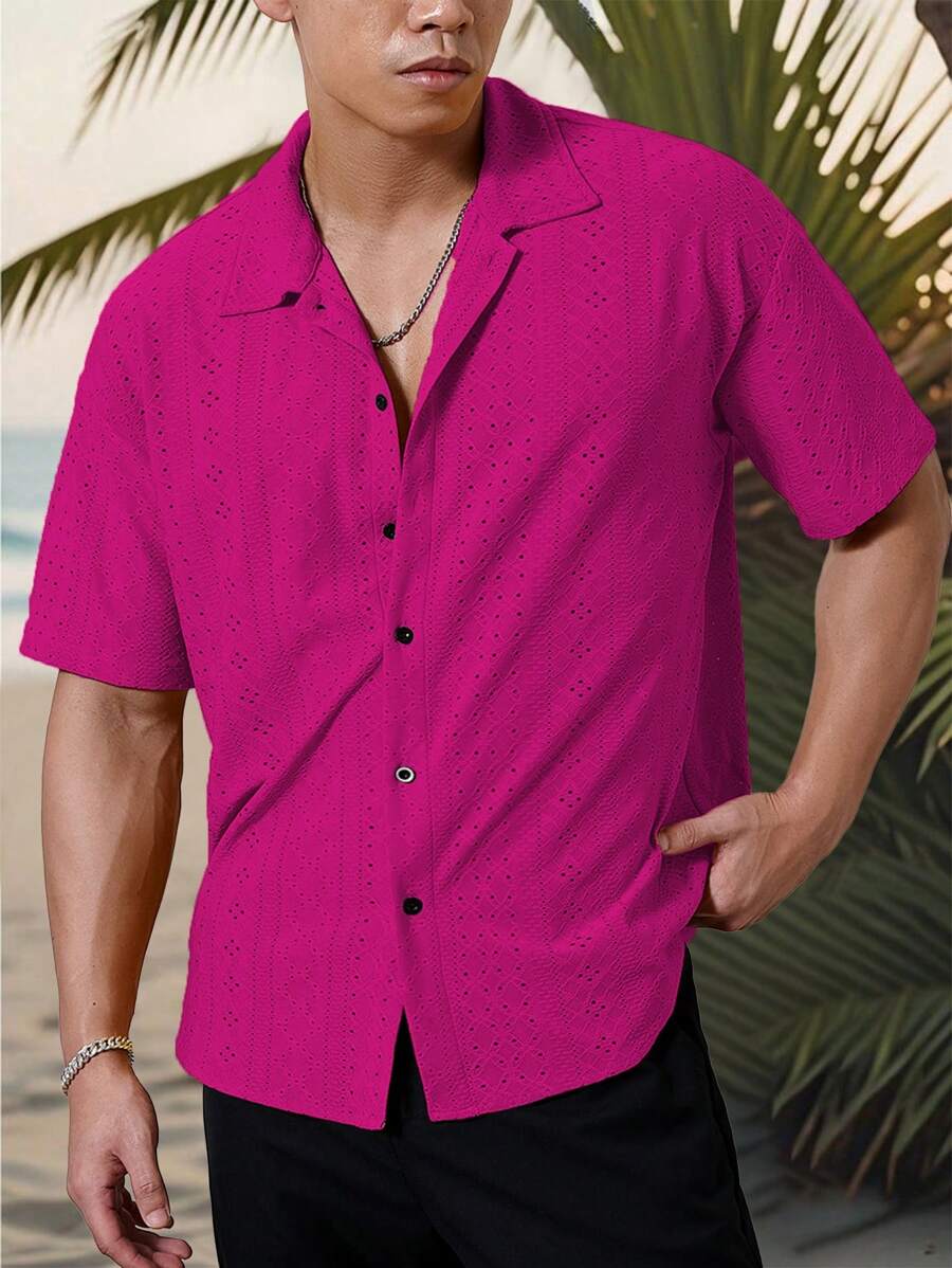 Mens Short Sleeve Crochet Shirt Jacquard Stripe Loose Fit – Darco