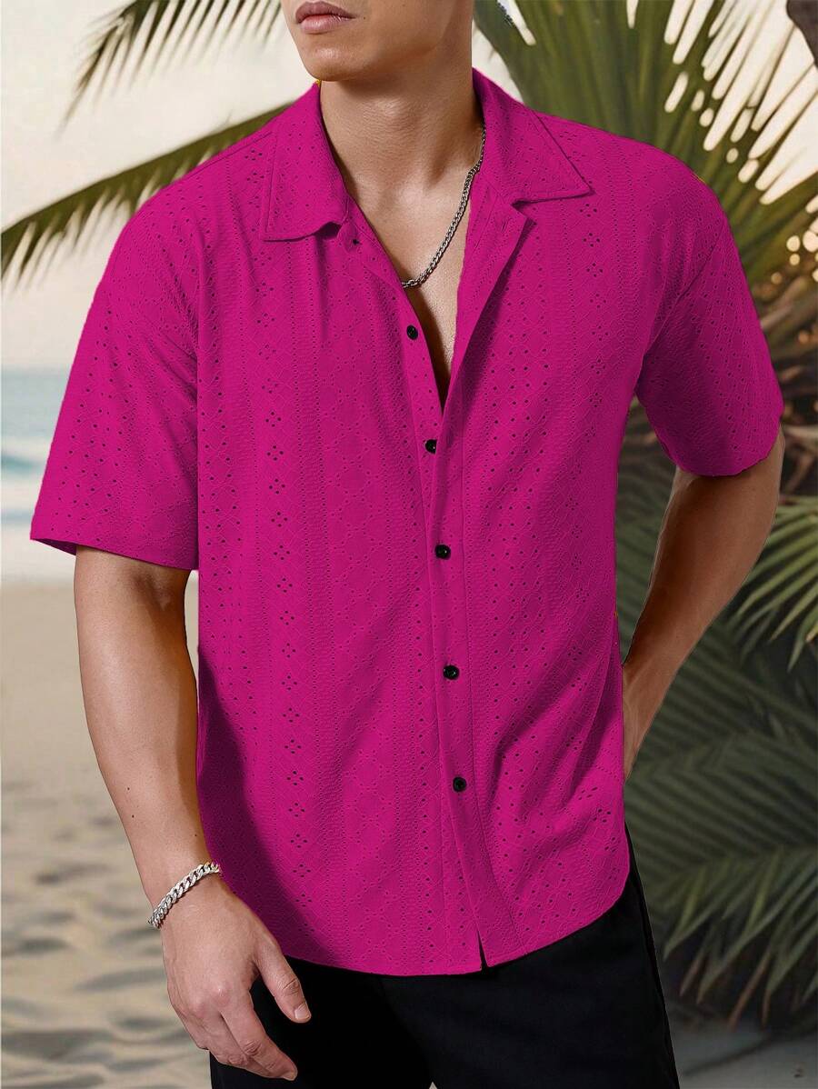 Mens Short Sleeve Crochet Shirt Jacquard Stripe Loose Fit – Darco