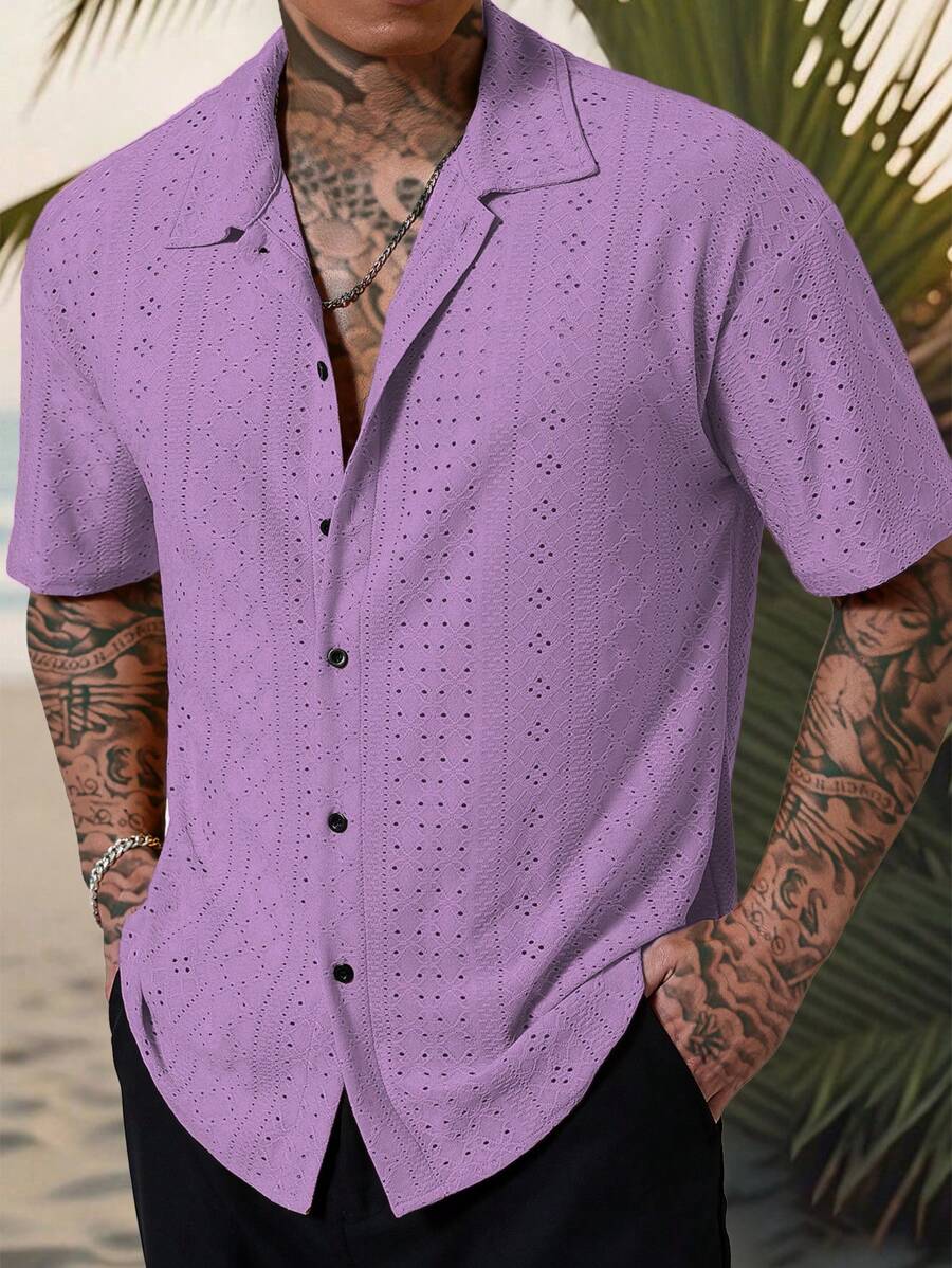 Mens Short Sleeve Crochet Shirt Jacquard Stripe Loose Fit – Darco