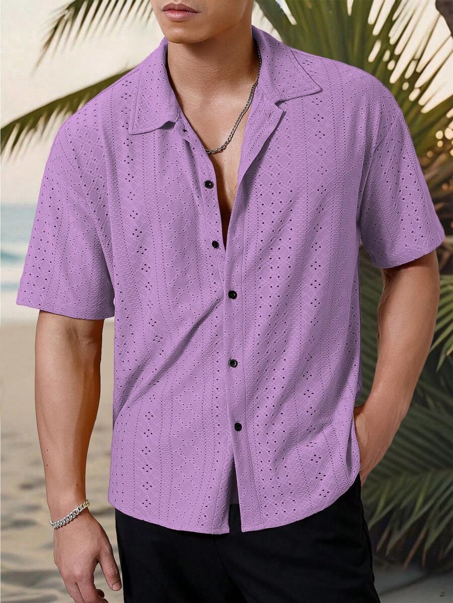Mens Short Sleeve Crochet Shirt Jacquard Stripe Loose Fit – Darco