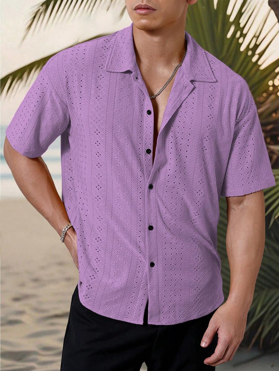 Mens Short Sleeve Crochet Shirt Jacquard Stripe Loose Fit – Darco