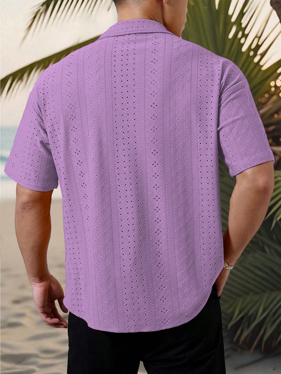 Mens Short Sleeve Crochet Shirt Jacquard Stripe Loose Fit – Darco