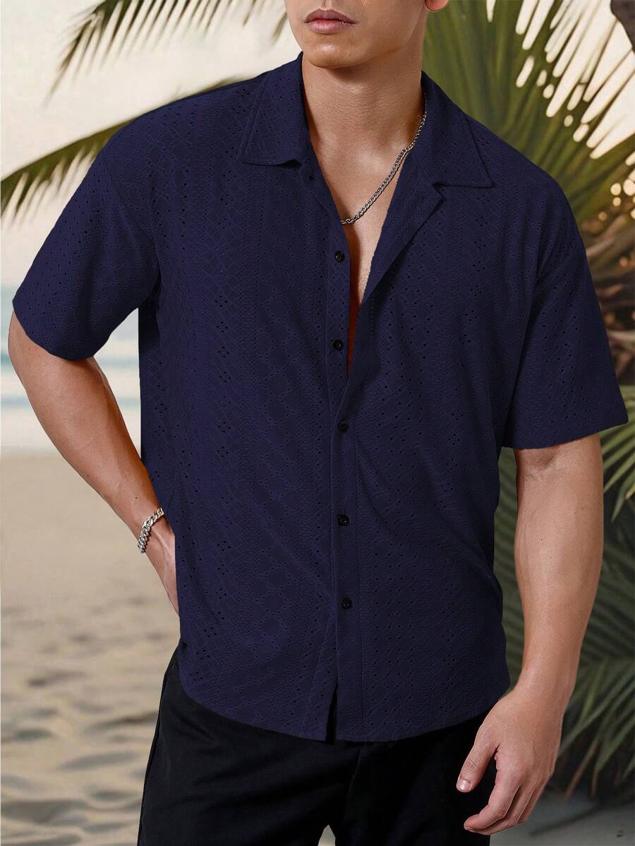 Mens Short Sleeve Crochet Shirt Jacquard Stripe Loose Fit – Darco