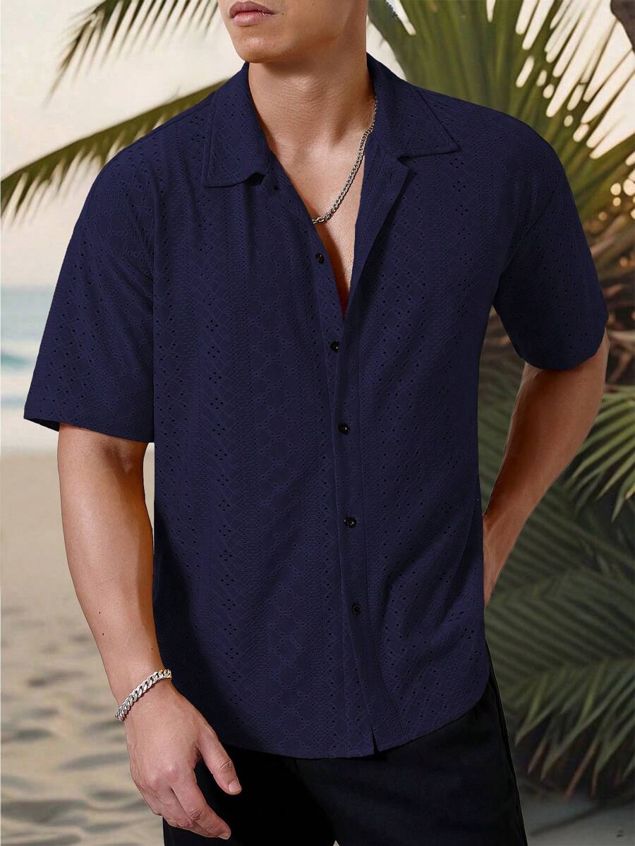 Mens Short Sleeve Crochet Shirt Jacquard Stripe Loose Fit – Darco
