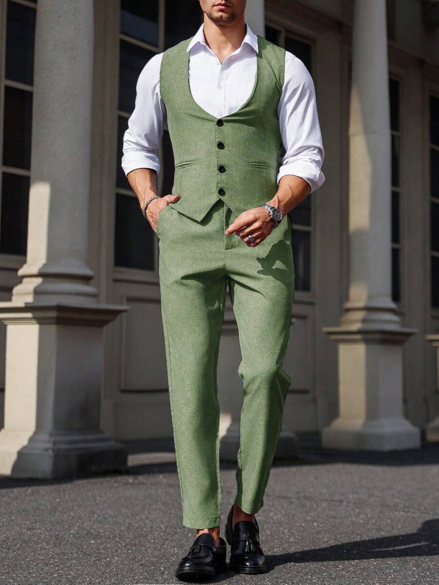 Mens Pant and Vest Set Woven Polyester V-Neck Sleeveless 2-Piece Formal – Galso