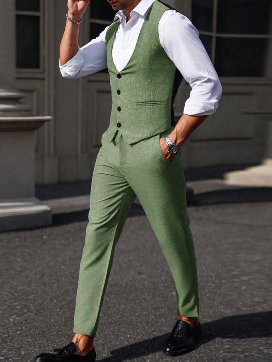 Mens Pant and Vest Set Woven Polyester V-Neck Sleeveless 2-Piece Formal – Galso
