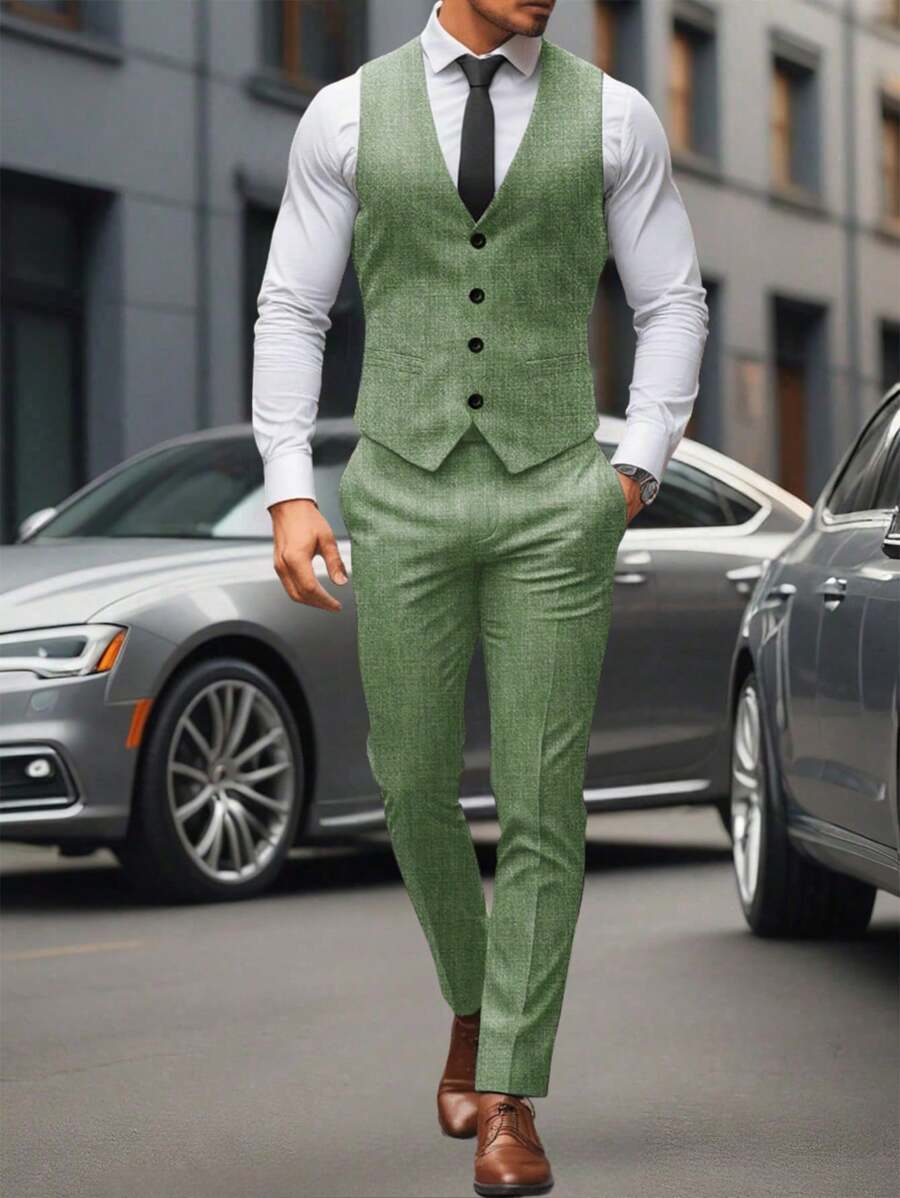 Mens Pant and Vest Set Woven Polyester V-Neck Sleeveless 2-Piece Formal – Galso