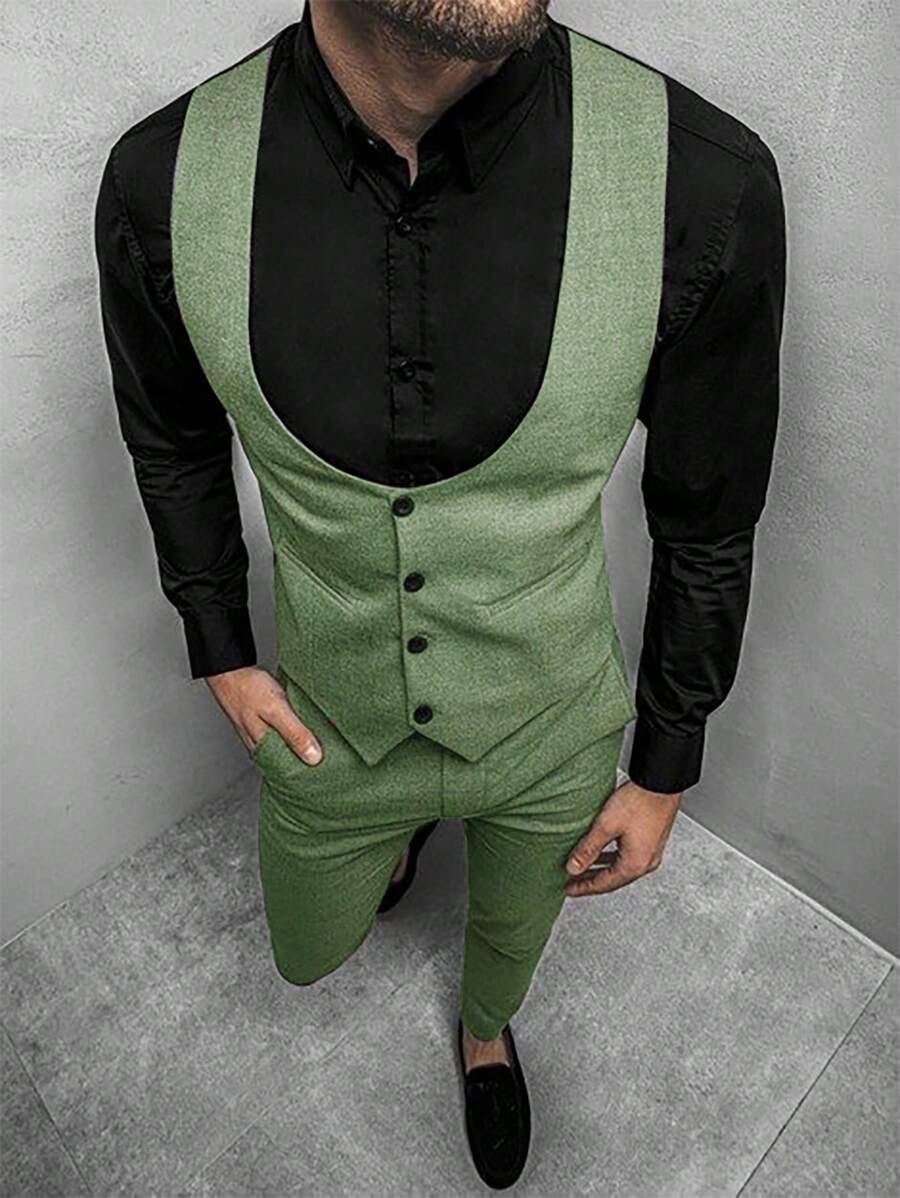 Mens Pant and Vest Set Woven Polyester V-Neck Sleeveless 2-Piece Formal – Galso