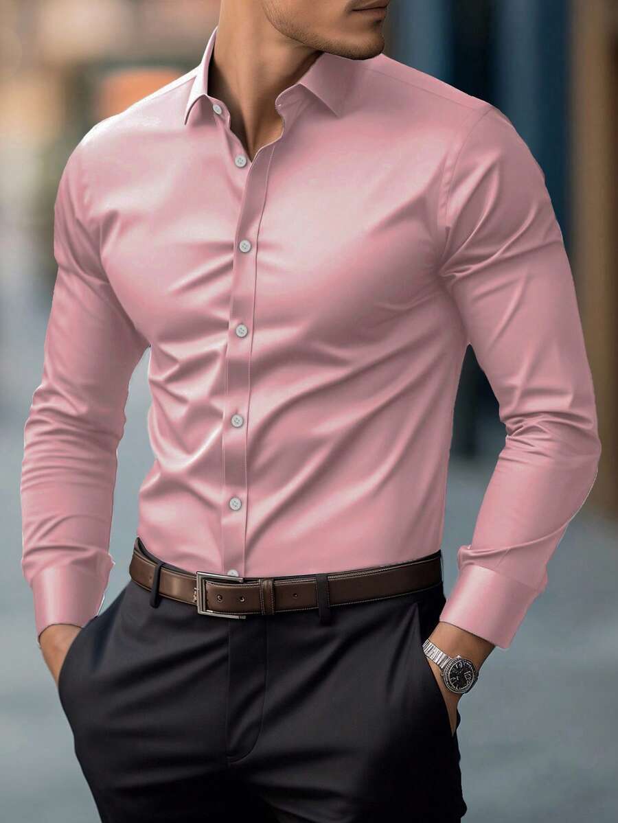 Shirt Shop Stand Collar Button-Up Long Sleeve Polyester Stretch – Marvo